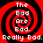 Four identical red and black spiral patterns with white text reading 'The Bad Are Bad. Really Bad.' arranged in a on a solid black background