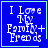 Blue square icon with white pixelated text reading "I Love My Family + Friends" and a light green border, featuring a small green heart in the bottom-right corner of one frame.