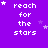 Purple background with white pixelated text 'reach for the stars' and scattered star shapes in various positions