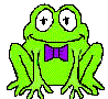 Green cartoon frog with purple bow tie, white eyes with black plus signs, smiling expression, and four visible toes on each foot.