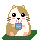 Pixelated hamster with brown and white fur holds a blue cup on green base, displaying three distinct facial expressions.
