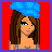 Pixel art contact sheet showing six frames of an animated buddy icon with a female character in blue attire and red background, including text responses to questions about sexiness, hair color, and funniness.