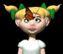 Animated sequence of a cartoon character with blonde pigtails and green hair ties, featuring butterfly prop movements across facial expressions.