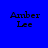 Blue background with four identical pixelated text blocks reading "Amber Lee" in black serif font, arranged in a
