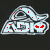 Pixelated silver and gray abstract shape with red or blue dots on dark background, showing animation change in dot color.