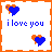 Two side-by-side animated frames of a pixel art buddy icon featuring blue hearts with orange outlines and "i love you" text in different colors against white backgrounds with orange borders.