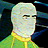 Pixelated image of a bald figure with closed eyes wearing a green and yellow garment against a dark background.