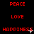Red pixelated text words on black background with animated white sparkles appearing near 'HAPPINESS' and scattered dots below.