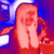 A pixelated figure with long light hair covers their face with one hand, set against a blue and purple background with white shapes.