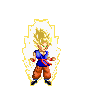 Pixelated character with spiky blonde hair and green eyes, wearing blue martial arts top with red sash and brown pants, surrounded by yellow-white aura on gray background.