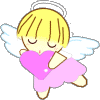 Animated angel icon with blonde hair, white wings, and a pink dress holding a heart-shaped pillow in four distinct poses.