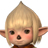 Pixelated character with pointed blonde hair, large dark eyes, and pink cheeks against a white background.