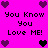 Pixelated icon with bright pink background, repeating text "You Know You Love ME!" in black, and purple/black heart symbols arranged around the text.