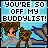 Pixel art image with text 'YOU'RE SO OFF MY BUDDYLIST!' above two characters, one with brown hair and red eyes, the other a brown bear-like figure, against a blue background.