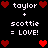 Pixel art displays 'taylor + scottie = LOVE!' text with red hearts on black background, repeated in two with heart arrangements changing between observations