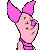 Pixelated cartoon character with pink skin, large pink ears, and a striped purple outfit against gray background.