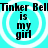 Cyan background with four circular white ripple patterns, each containing black text reading "is my girl" beneath repeated "Tinker Bell" text.