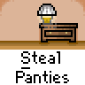 Animated contact sheet of a pixel art character stealing pants from a desk in multiple frames, with repeated text and a speech bubble.