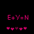 Pixelated pink text 'E+Y=N' above a of five heart symbols on black background, with one heart changing color between frames