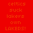 Red background with orange text reading 'celtics suck lakers own LAKERS!' in four identical arranged in a