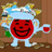 Pixelated character with red circular face, white body, and blue hat holding a cup against brown background; bold black text on bright red