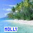 A beach scene with turquoise water and green foliage, featuring the name 'HOLLY' in blue text at bottom left and a small animated symbol changing below it.