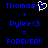 Blue pixelated text on black background shows 'Thomas<3' with a white heart icon, 'Rylee<3', a plus sign, equals sign, and 'FOREVER!!' with double exclamation marks.