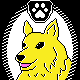 Pixel art of a yellow dog with black eyes and nose, pink tongue, white teeth, and a paw print symbol above its head on a checkered border.