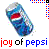 Pixelated image of a blue and silver soda can with red accents, positioned diagonally above text reading 'joy of pepsi' in colored letters.
