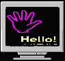 Animated contact sheet of 16 frames showing a pixelated cartoon character on exercise equipment with text screens and hand icons, arranged in a 4x4 grid.