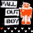 A contact sheet of 10 animated frames showing a pixelated orange robot character with white accents against a black background, repeated in a grid pattern with "FALL OUT BOY" text blocks and small heart symbols.