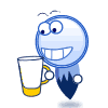 Animated blue cartoon character with white eyes and a dark blue tail holding various drink containers in different poses.