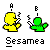 Pixelated yellow and green cartoon birds with question marks, holding white objects, arranged in a with text labels below