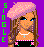 Pixelated character with pink hair and blue eyes, wearing a white necklace and black outfit against purple background.