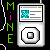 Pixelated icon shows a white MP3 player with a teal checkered square on screen, next to vertical green text spelling MINE with a pink dot.