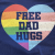 A heart-shaped icon with rainbow and pastel stripes, displaying the text "FREE DAD HUGS" in dark blue block letters against a pixelated background.