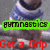 A pixelated image of a person in blue and white striped clothing with green text overlays reading 'gymnastics', 'is my life' and red text saying 'Get a Grip'.