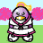 Pixelated character with purple head and yellow beak, wearing white outfit with pink trim, holding pink pom-poms against green and blue background.