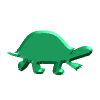 Green 3D turtle model in multiple poses on gray background, showing walking cycle and head-turning animation.