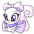 Pixelated cartoon cat with pink and purple color scheme, large eyes, bow tie, and curled tail on white background.