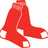 Red sock-shaped logo on white background next to blue with red text "Go Sox!" in pixelated font