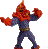 Pixelated figure with red-orange head and torso, dark blue limbs, arms raised in dynamic pose against gray background.