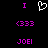 Static pixel art displays purple text and symbols on black background: two 'I' letters, a heart outline, '(333', and 'JOEI'.