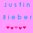 Pixelated text displays 'Justin' and 'Bieber' in blue on a pink background with red heart symbols below.