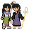 Two pixel-art characters stand side-by-side holding staffs, with one character's face changing expression across frames.