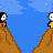 Animated contact sheet showing multiple frames of a pixel art icon with yellow stick figures and black-and-white penguin-like characters on brown hills against blue sky, displaying text bubbles changing from 'I love U' to 'What..' to 'fallen 4 U'.