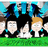 Pixelated static image shows three figures with large black hair, blue accents, and white faces on a green grassy background with blue sky.