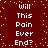 A 4-frame animated contact sheet showing repeated text "Will This Pain Ever End?" in white pixelated font on a dark red background with scattered yellow dots, arranged in two columns of four frames each.