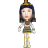 Pixelated figure with dark blue hair, gold headpiece, and striped outfit against gray background.