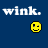 Pixelated yellow emoji with one eye closed and a small open mouth, positioned below white text reading 'wink.' on dark blue background.